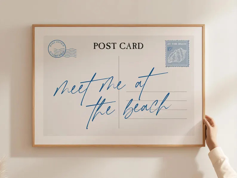 Meet Me at the Beach Vintage Post Card Print | Light Blue Printable Wall Art | Trendy Summer Coas... | Etsy (Global)