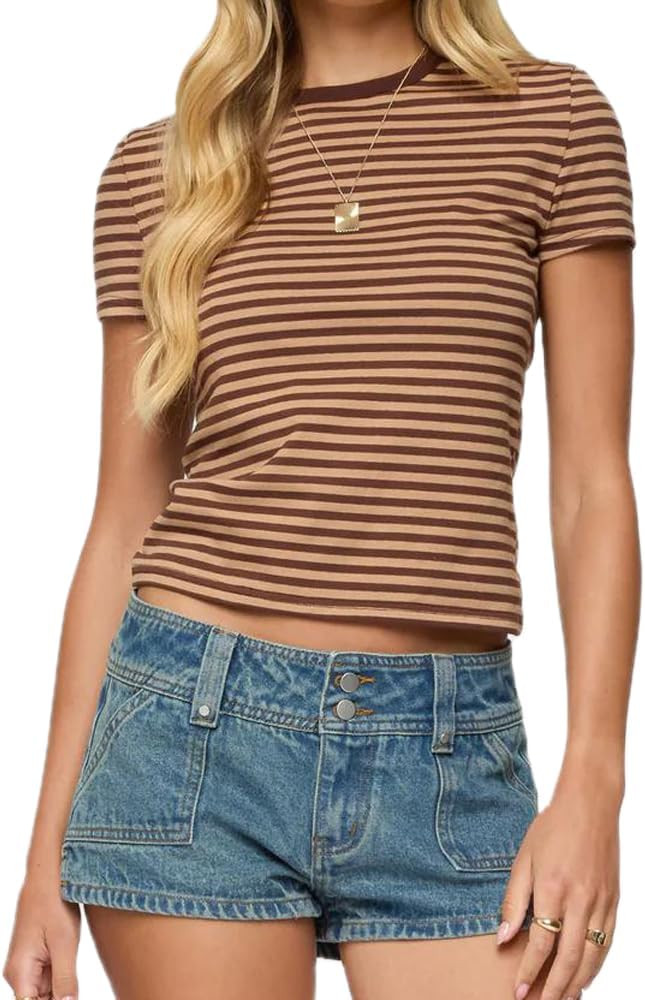 Women Y2K Striped T-Shirt Short Sleeve Crew Neck Crop Top Basic Baby Tees Vintage Going Out Crop ... | Amazon (US)