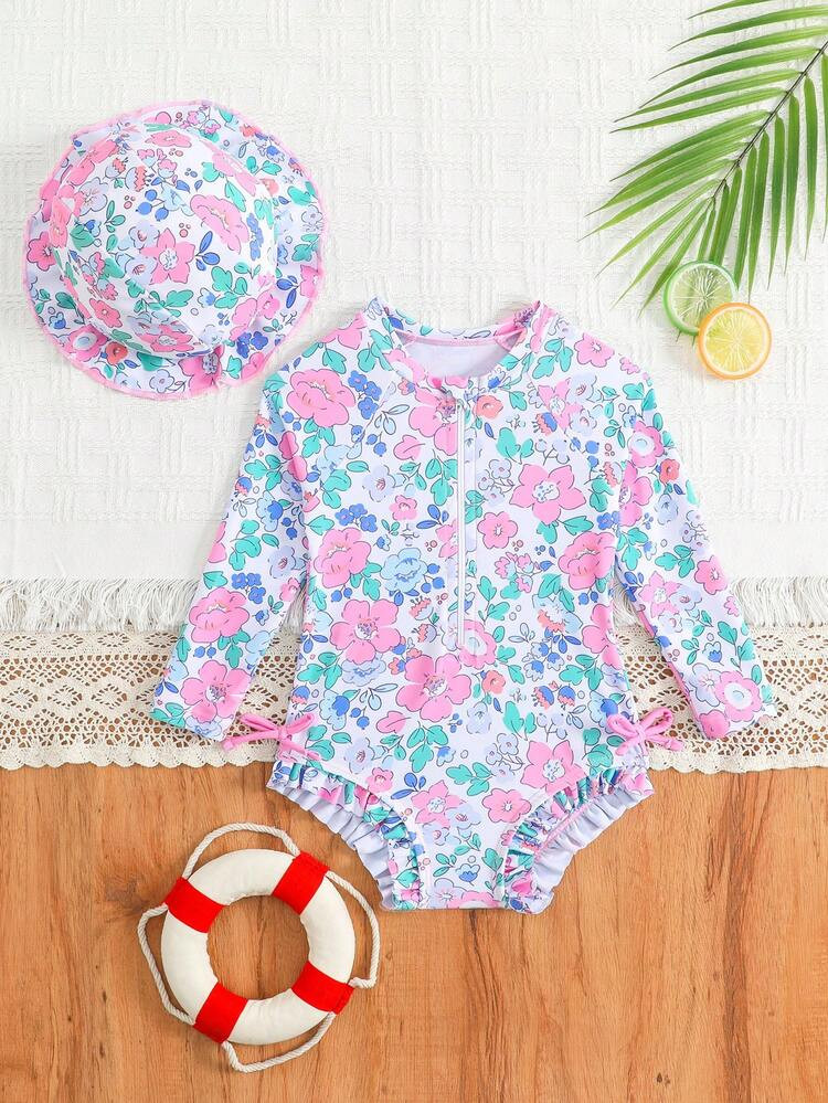 Baby Girls' One-Piece Long Sleeve Swimsuit,Holiday Colorful Ditsy Floral Swimwear With Hat,Bow De... | SHEIN