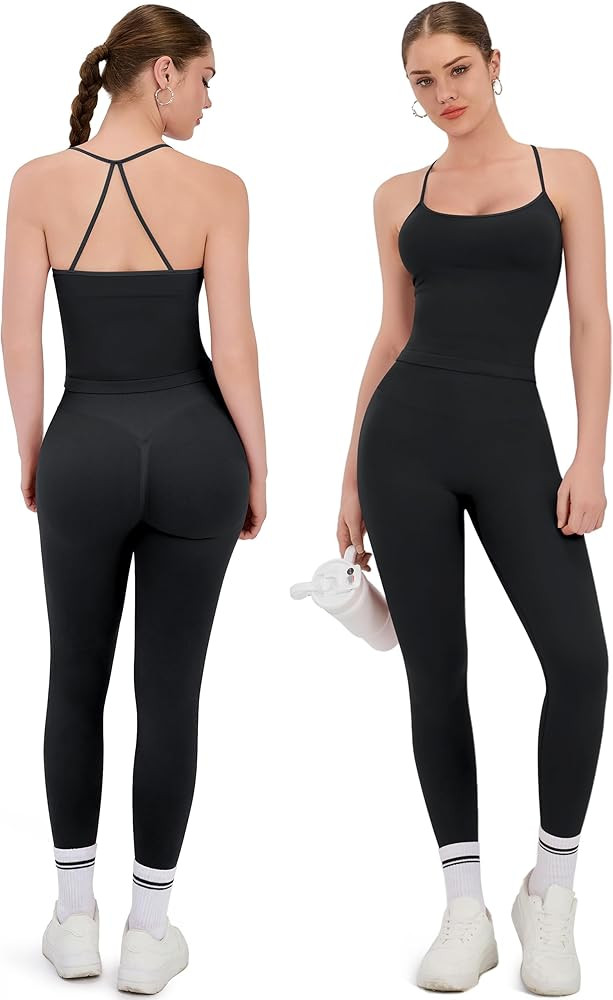 Niipty 2 Piece Workout Sets for Women Halter Neck Cross Back Tank Top Macthing High Waist Legging... | Amazon (US)