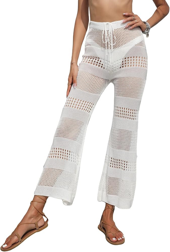 MakeMeChic Women's Cover Up Pants Drawstring Crochet Knitted Sheer Beach Cover Up Pants Swimwear | Amazon (US)