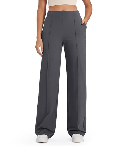 G4Free Wide Leg Pants for Women Business Casual Work Pants with Pockets High Waist Lounge Sweatpants Yoga Dress Pants Women Tummy Control(Dark Grey,XXL,31") | Amazon (US)
