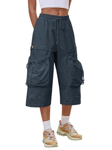 Aoysky Womens Wide Leg Cargo Capris Drawstring Elastic Waist Baggy Cropped Pants with Utility Pockets Casual Trousers Navy | Amazon (US)