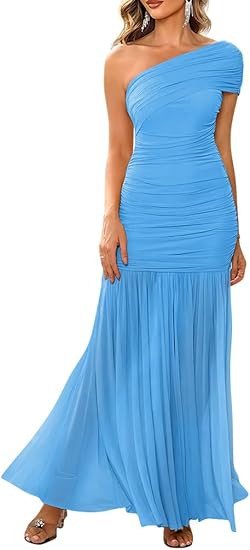 LAGSHIAN Women's Elegant Formal Long Dress One Shoulder Sleeveless Ruched Bodycon Evening Dress | Amazon (US)