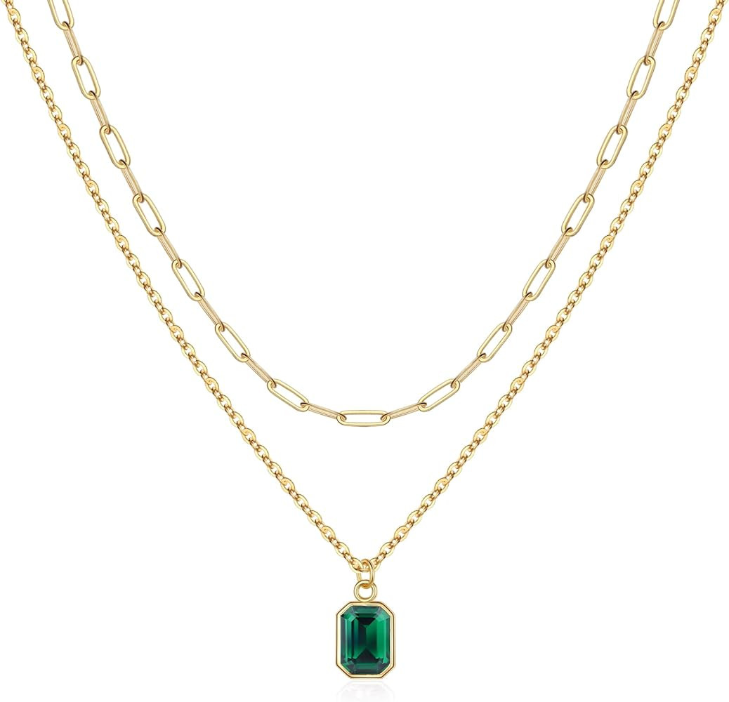 Layered Birthstone Necklace for Women Girls, Gold Silver Rose Gold Plated Layered Paperclip Chain... | Amazon (US)