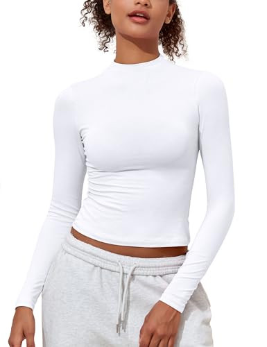 PrettyGuide Women's White Long Sleeve Cotton Shirt Mock Neck Basic Tees Tight Slim Fit Cute Going Out Crop Tops Fall Fashion M | Amazon (US)