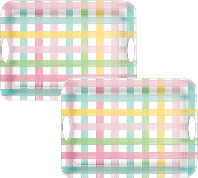 Set of 2 Gingham Check Large Melamine Plastic Serving Trays with Handles for Easter Spring Summer... | Amazon (US)