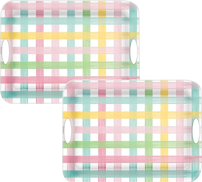 Set of 2 Gingham Check Large Melamine Plastic Serving Trays with Handles for Easter Spring Summer... | Amazon (US)