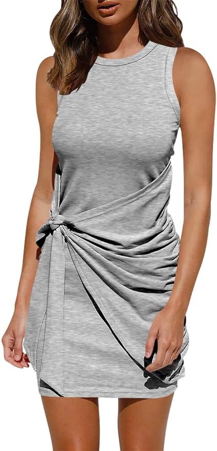 AMABMB Women's Summer Dress Casual Sleeveless Tank Dress Crewneck Ruched Tie Waist Mini Dresses | Amazon (US)