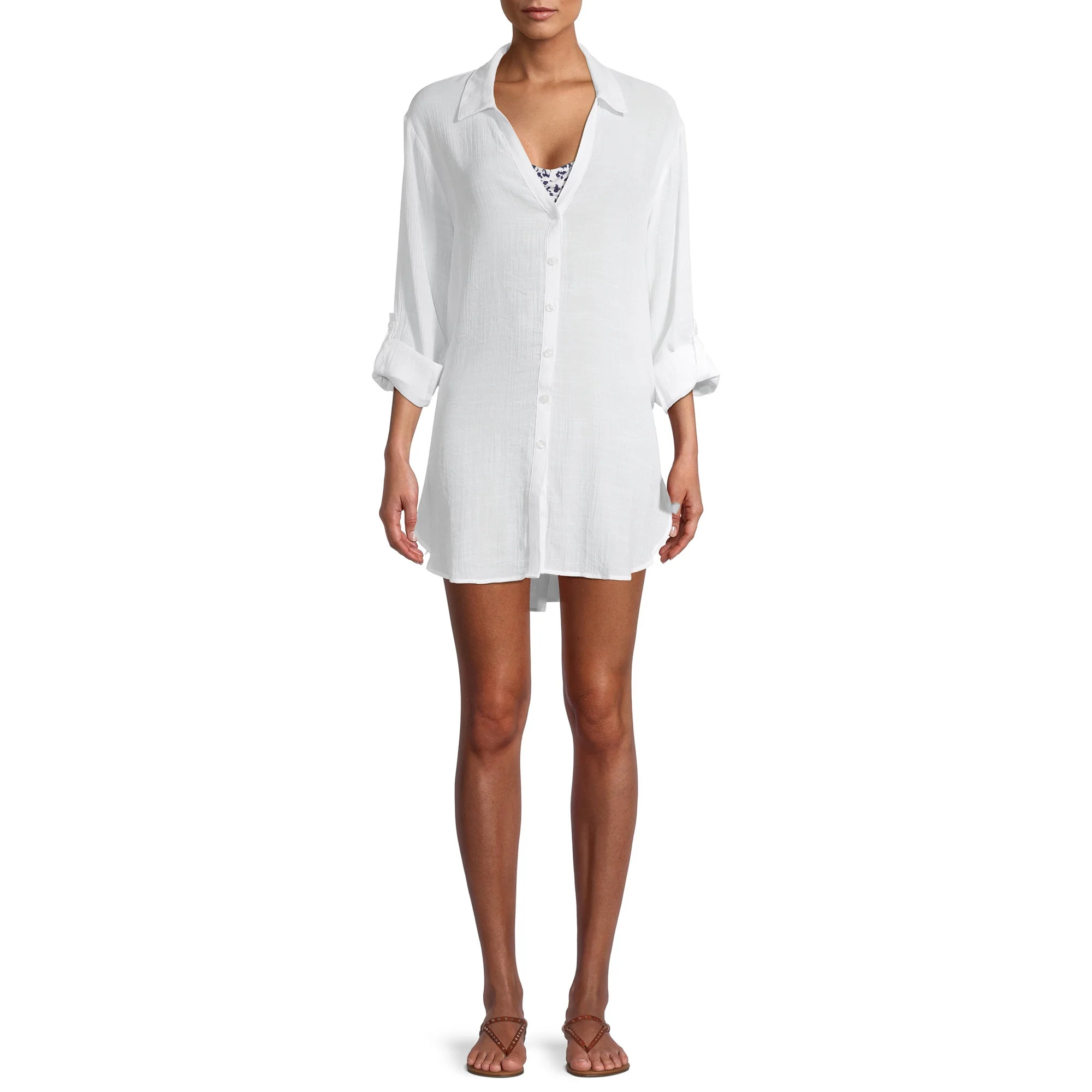 Time and Tru Women's and Women's Plus Size Button Front Shirt Cover Up | Walmart (US)