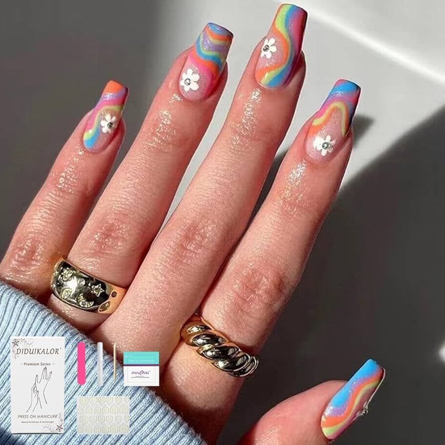 Diduikalor Short Press On Nails Square, Glue on nails with Colorful Flower Pattern, Cute French A... | Amazon (US)