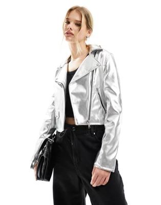 Bershka metallic biker jacket in silver | ASOS (Global)