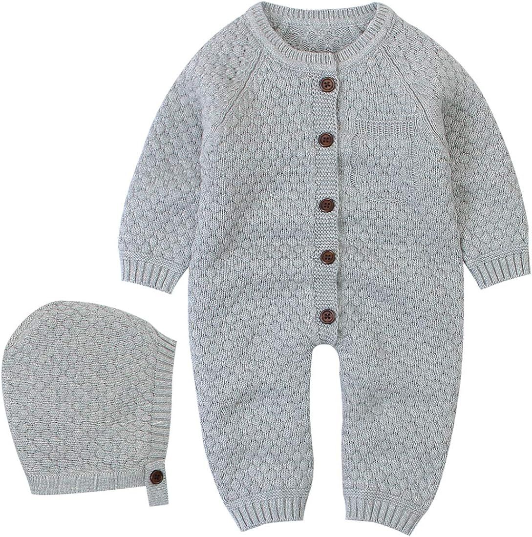 OLSCROM Baby Newborn Knitted Sweater Romper Longsleeve Outfit Cotton Jumpsuit with Warm Hat Set | Amazon (US)