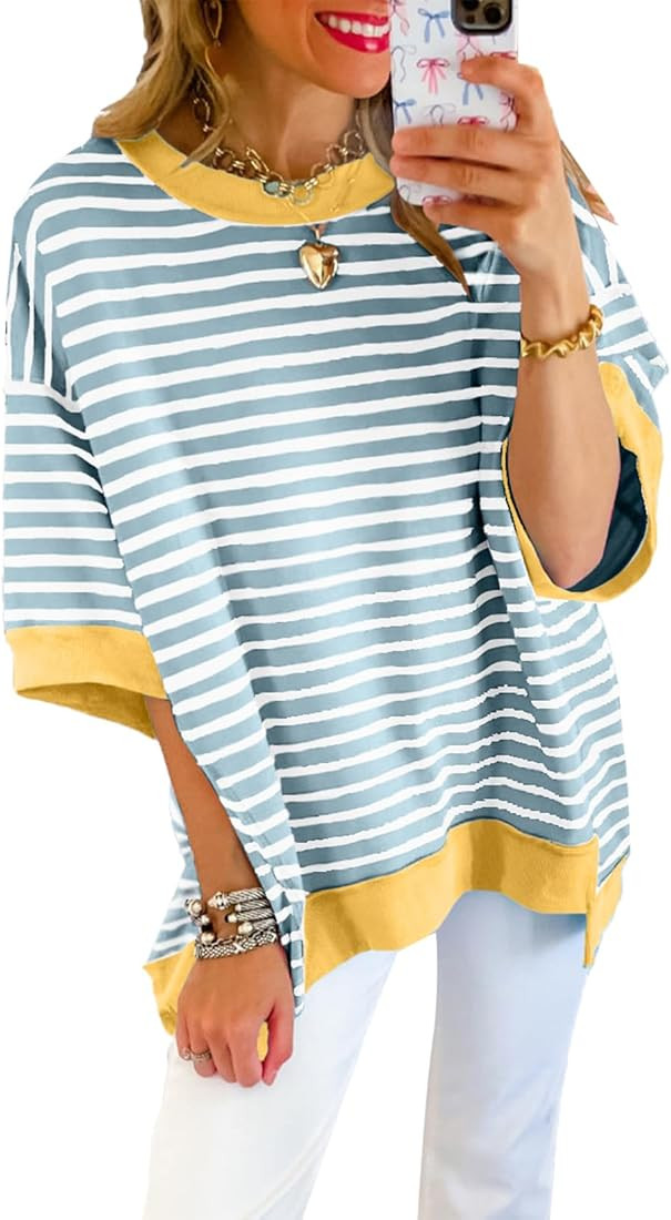 SHEWIN Womens Tops Casual Short Sleeve Sweatshirt Striped Shirt Crewneck Pullover T Shirts Loose ... | Amazon (US)