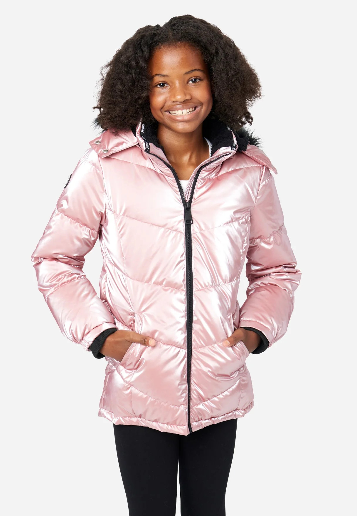 Justice Girl's Anorak Puffer Coat in PINK METALLIC, Size Xl (16/18) | Justice