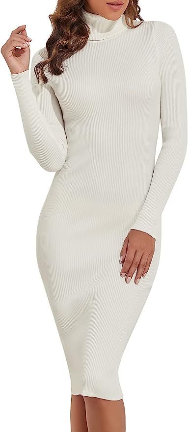 PrettyGuide Women's Turtleneck Sweater Dress Long Sleeve Ribbed Knit Stretch Midi Bodycon Dresses | Amazon (US)