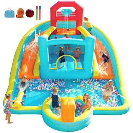 Patbrela 9 in 1 Large Inflatable Water Slide Bounce House ,211" x 104" x 143",With 750w Blower,2 Water Slides, 2 Water Blasters,Double Blow up Splash,Deep Pool,Basketball Hoop,Water Canon | Walmart (US)