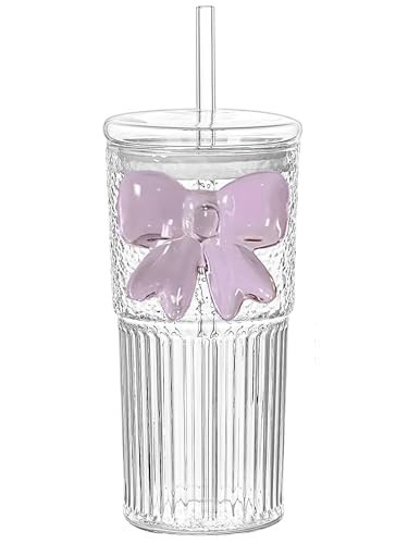 Glass Cups with Lids and Straws Iced Coffee Tumbler Cups with Lids Clear Cute Smoothie Juice Bubble Tea Water Cold or Hot Cups Drinking Glasses Travel Mug with Pink Bow 20 oz High Borosilicate | Amazon (US)