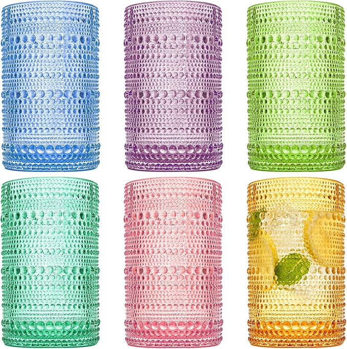 ZOOFOX Set of 6 Vintage Drinking Glasses, 12 Oz Colored Hobnail Glasses Tumbler, Embossed Design ... | Amazon (US)
