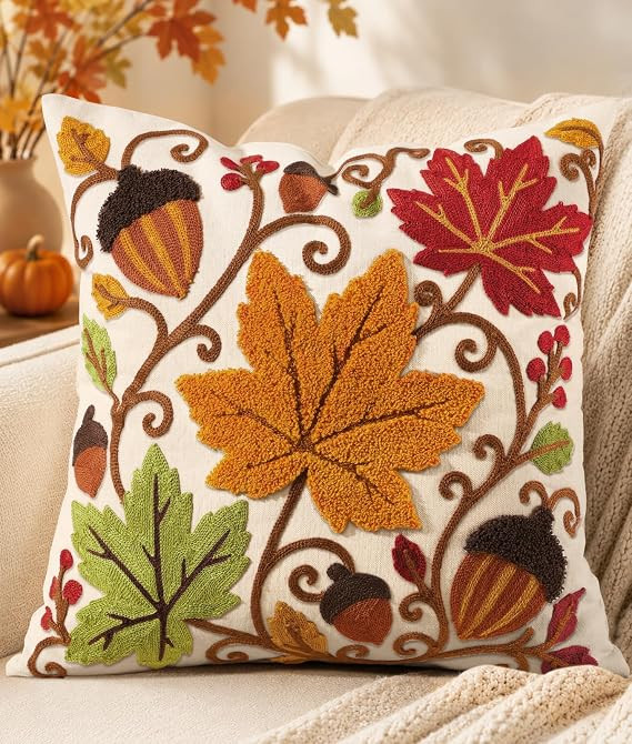 Fall Embroidered Throw Pillow Cover 18x18 Inch, Maple Acorn | Decorative Pillow Cover, Rustic Cus... | Amazon (US)