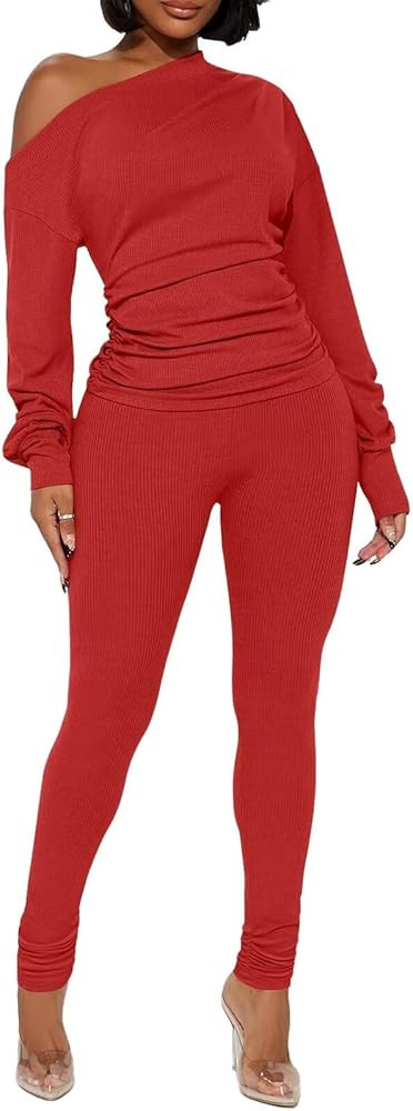 Sexy 2 Piece Outfits for Women One Off Shoulder Tops Ribbed Pant Set Tracksuit Clubwear | Amazon (US)