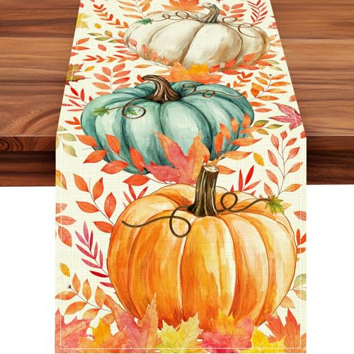 Pumpkin Fall Table Runner, Maple Leaf Autumn Thanksgiving Kitchen Table Decorations for Home Party Decor 13×72 Inches | Amazon (US)