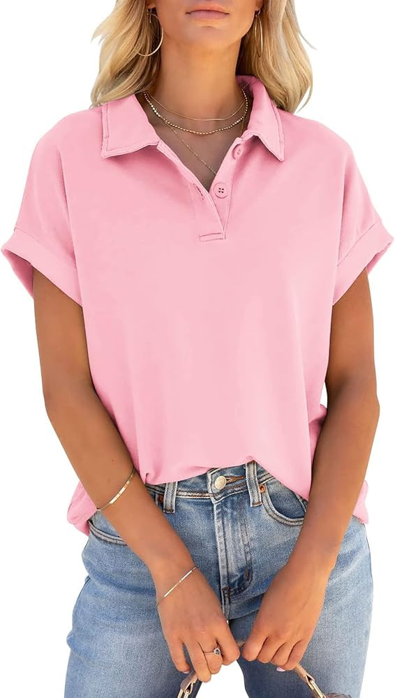 PGANDS Women's Short Sleeve Polo Shirts Summer Collared Button Down Top Casual V Neck Loose Fit T... | Amazon (US)