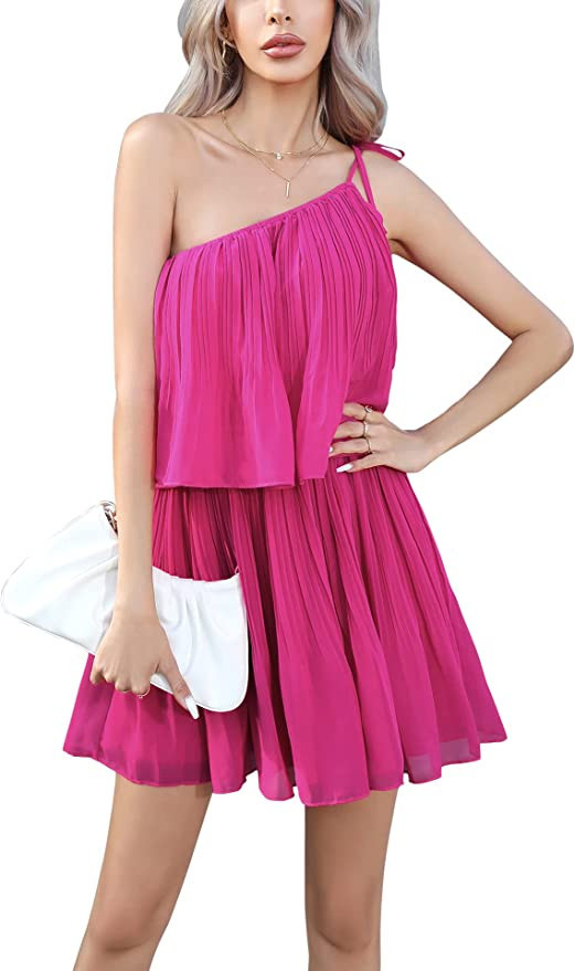 EXLURA Women’s 2023 Summer One Shoulder Mini Sundress Spaghetti Strap Tiered Pleated Flowy Cock... | Amazon (US)