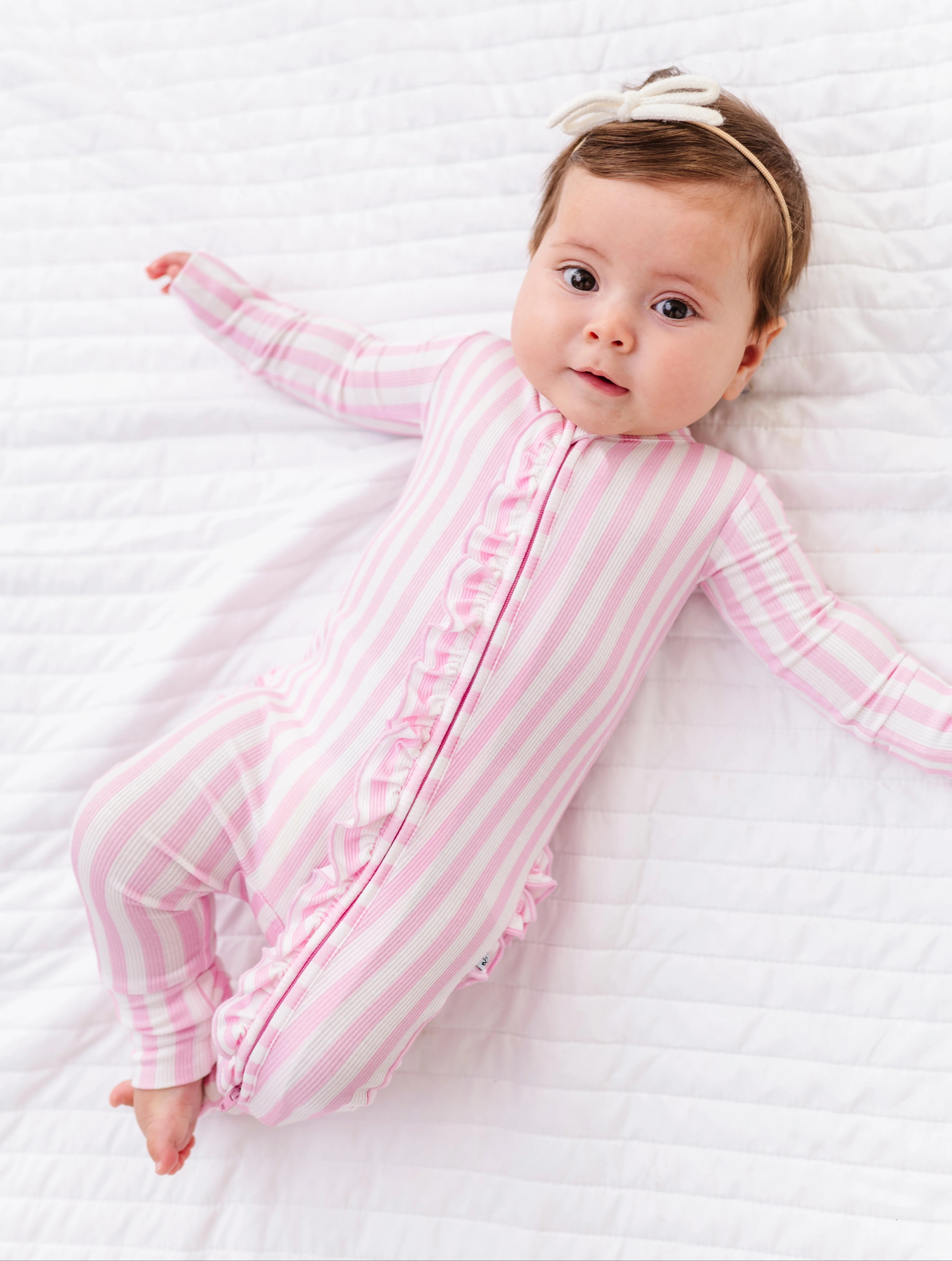 Pink Stripe Ribbed Ruffle Convertible Romper | Birdie Bean