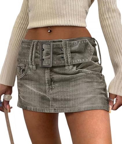 NIMIN Wash Jean Skirt for Woman Corduroy Belted Zipper Closure Mini Skirts Cute Straight Y2K Cargo Skort Green L | Amazon (US)
