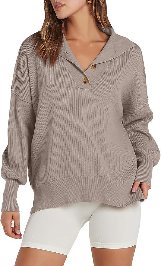 ANRABESS Women's Fashion Long Sleeve Button Up V Neck Drop Shoulder Oversized Slouchy Ribbed Knit... | Amazon (US)