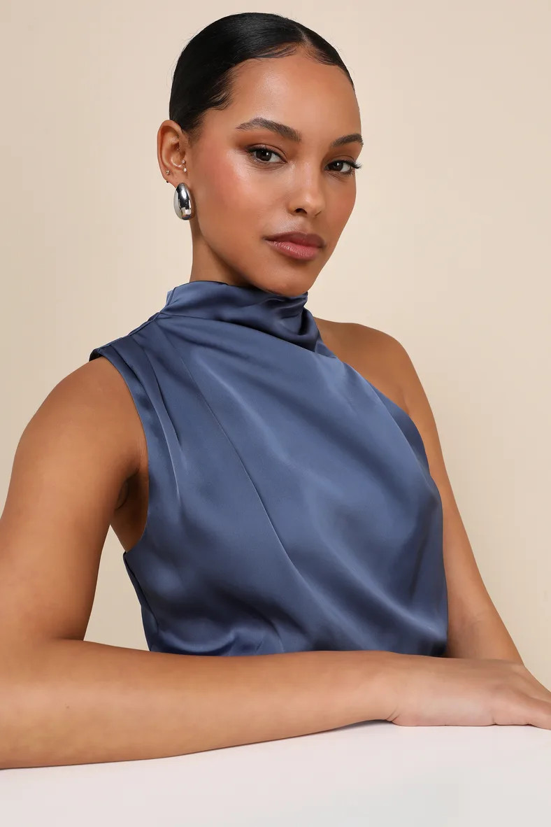 Distinctive Charm Slate Blue Satin Asymmetrical Maxi Dress | Lulus