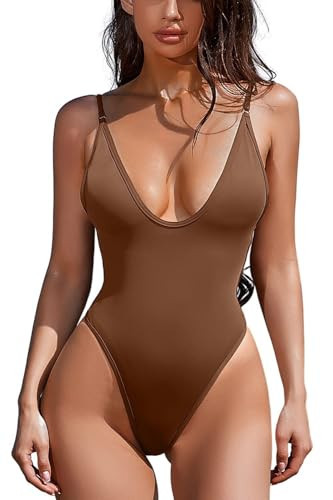 YCLIAZCNZ Women's Sexy V Neck Bathing One Piece High Cut Suit Slimming Open Back One Piece Swimsuits Brown M | Amazon (US)