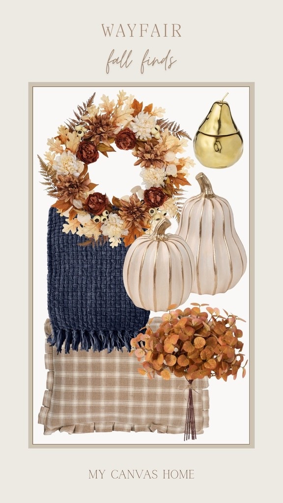 Getting a head start on fall with these Wayfair finds! The wreath, pumpkins, and cozy navy throw are all so pretty. All linked! 🤍

#LTKSeasonal #LTKHome