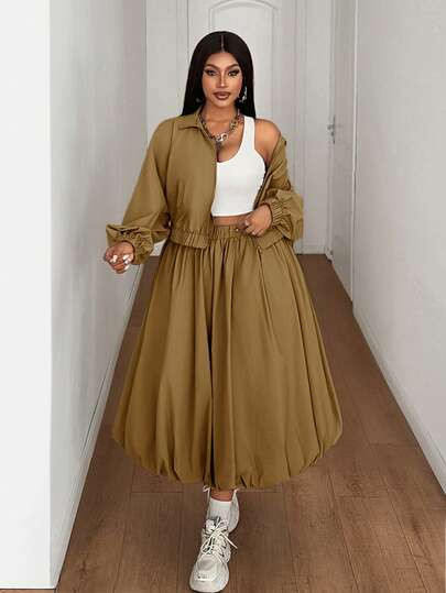 Maweii Plus Size Women's Solid Color Long Sleeve Zip-Up Jacket And Mini Skirt Casual 2-Piece ... | SHEIN
