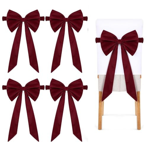 4Pack Christmas Burgundy Velvet Chair Sashes 12 x 6 Inch Sashes Chair Bows Tie Back for Christmas Banquet Home Wedding Events Banquets Party Decoration | Amazon (US)