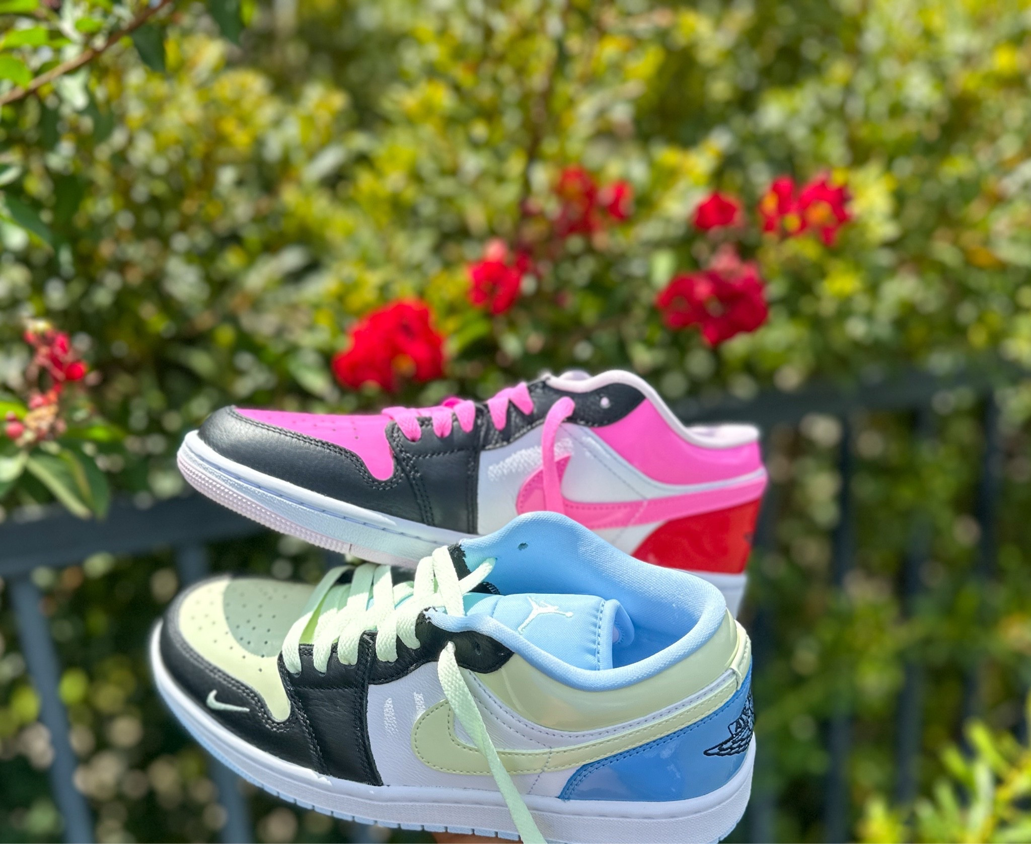 These Nike AJ1 Low multicolored sneakers might be my favorite. This color palette is nice! I bought these for my teenager. I might have to borrow these. #sneakers #sneakerlover #fashion