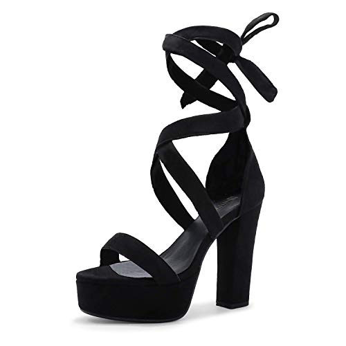 IDIFU IN5 Sabrina Black Heels Platform Block Chunky High Ankle Strap Heeled Sandals Sexy Wedding Party Dress Shoes for Women Open Toe Heels (Black Strap, 95) | Amazon (US)