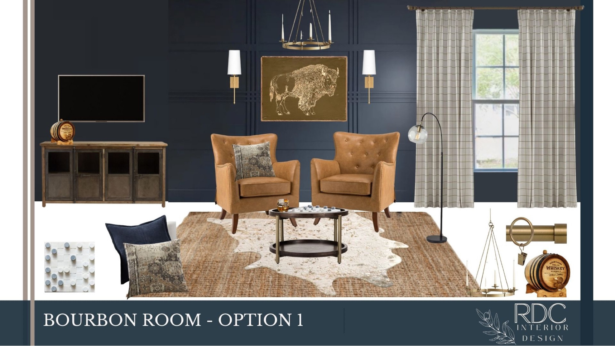 Bourbon Room Design 
(All but credenza linked) 

Hide Rug 
Jute Layered Rug
Leather Tufted Armchairs
Buffalo Artwork 
Custom Room Design 
Man Cave Design 
 