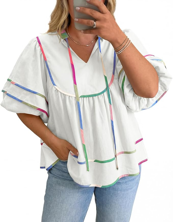 Beautife Womens Plus Size Summer Babydoll Tops Peplum V Neck Lantern Short Sleeve Shirts Cute Flo... | Amazon (US)