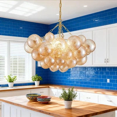 Modern Nordic Bubble Ball Chandelier Pendant Light With Amber Glass Globes And Gold Frame, 5-Light Adjustable Dining Room Lighting Fixture For Living | Wayfair North America