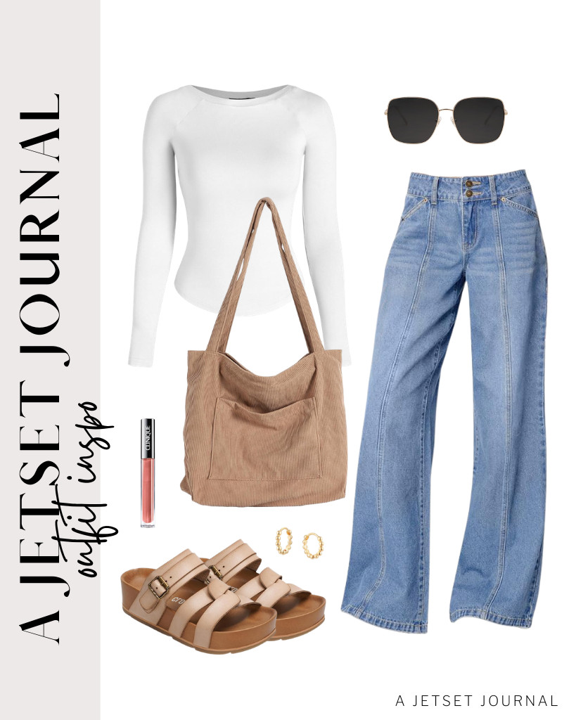 The next outfit features a combo of a white long-sleeve top and Sidefeel's wide-leg jeans. A soft corduroy tote bag adds texture to this fit. You can wear these oversized square metal sunnies from SOJOS and Project Cloud’s platform sandals to finish the look.

#LTKSeasonal #LTKSaleAlert #LTKTravel 

 