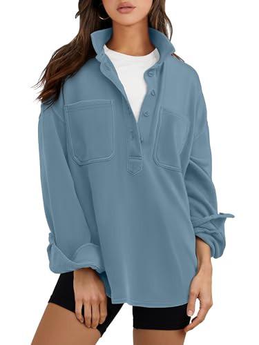 ANRABESS Sweatshirt for Women Oversized Casual Long Sleeve Side Slit Button Lapel Polo Pullover Tunic Tops 2025 Fall Outfits Light Blue Large | Amazon (US)
