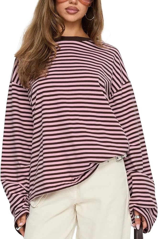 Amiblvowa Women Striped Long Sleeve Top Oversized Graphic Y2k Loose T Shirts Teen Girl Crewneck B... | Amazon (US)