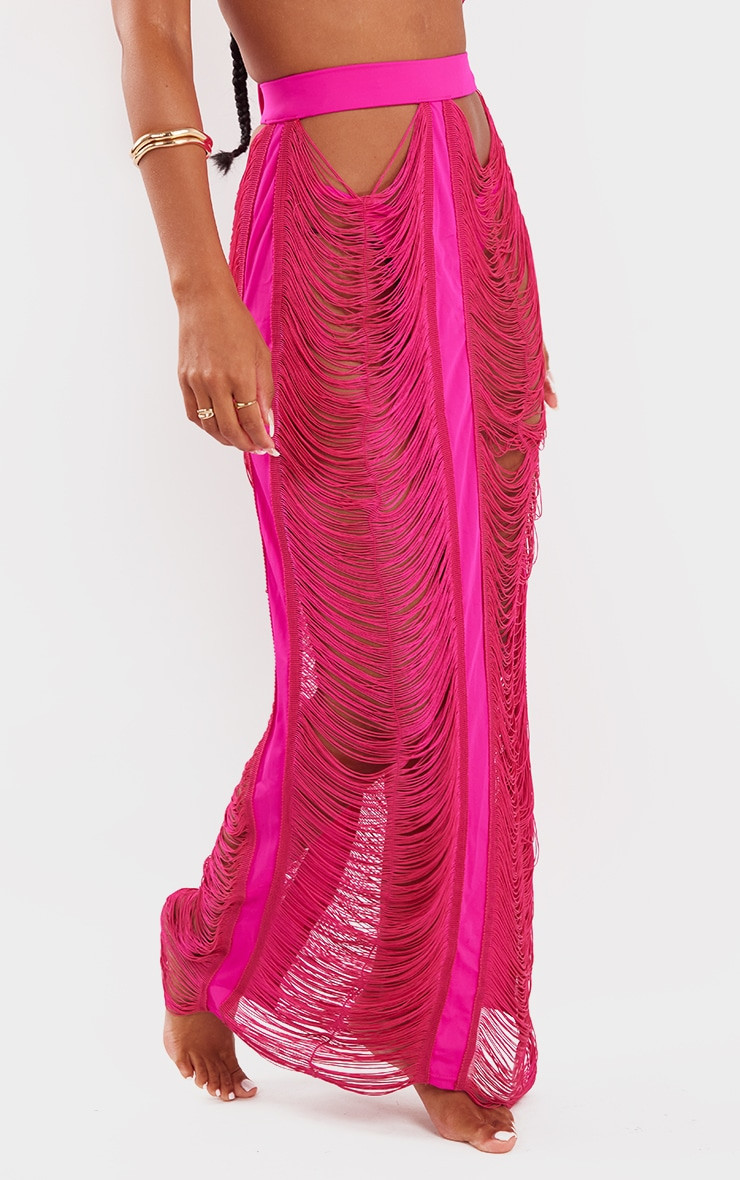 Hot Pink Draped Tassel Cut Out Maxi Beach Skirt | PrettyLittleThing UK