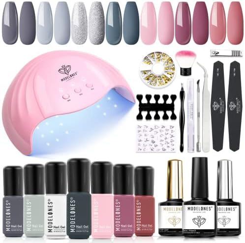 Modelones Gel Nail Polish Manicure Set Starter Kit with 48W U V Light, Bond Primer, 7 Colors Pink... | Amazon (US)