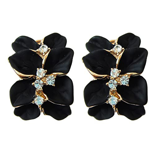 Navachi 18k Gold Plated Clear Crystal Black Enamel Leaves Flower Omega Earrings | Amazon (US)
