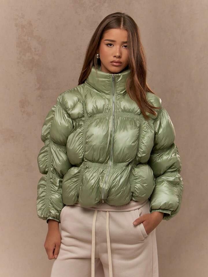MISSGUIDED Luxurious St. Patrick's Day Metallic Sage Green Puffer Jacket Quilted Winter Coat Irish-Themed Holiday Party Outerwear Warm Padded Zip-Up Bomber Style | SHEIN