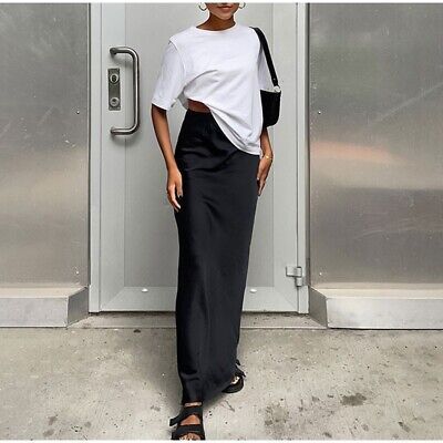 Long Black Skirt Satin High Waist Bias Cut Zip Skirt | eBay US