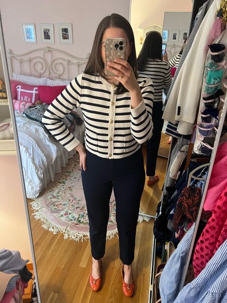 Parisian chic, striped blazer, striped sweater, business casual, business outfit, navy pants, comfortable work pants, red flats, red ballet flats, high waisted work pants, Parisienne, workwear 

#LTKfit #LTKSeasonal #LTKworkwear